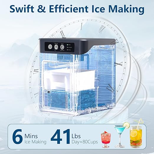 Nugget Ice Maker Countertop with 0.8Gal Removable Tank for Chewable Ice, 41Lbs/24H, One-Touch Fast Ice in 6 Mins, Self-Cleaning & Ultra Quiet for Home, Office, Party