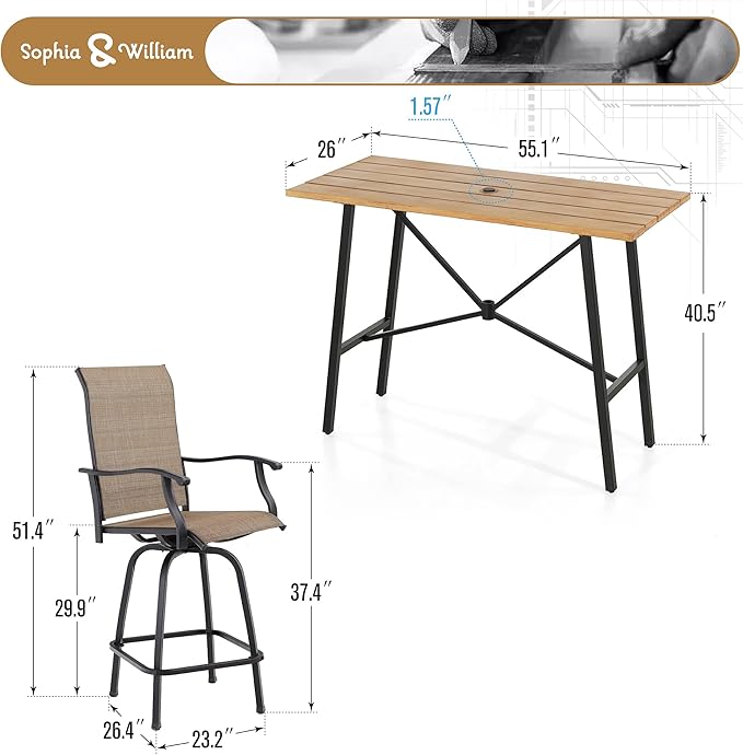 Sophia & William Outdoor Bar Set, Patio Bar Table and Chairs Set, Bar Height Patio Set - 4 x Swivel Bar Chairs(Brown), 1 x Rectangular Bar Table(Wood-Like)