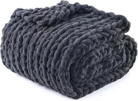 YnM Chunky Throw Blanket, Medium-Weight, Hand Knitted with Chenille Yarn, Skin Friendly, Ventilated and Breathable, Machine Washable, Home Décor Piece for Couch, Sofa and Bed (Lava Grey, 40x50 Inch)