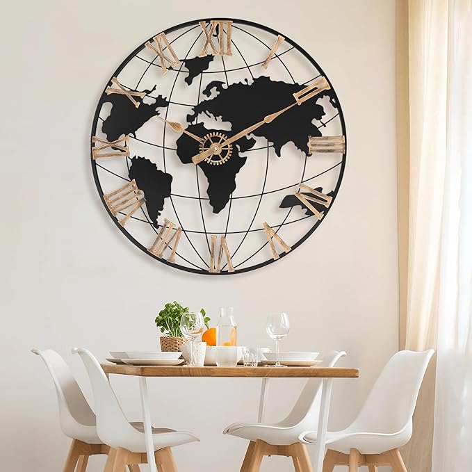 24 Inch Large Wall Clock for Living Room Decor,Big Modern Decorative Silent World Map Metal Wall Clock with Vintage Gold Roman Numeral for Office,Living Room,Kitchen,Dining Room