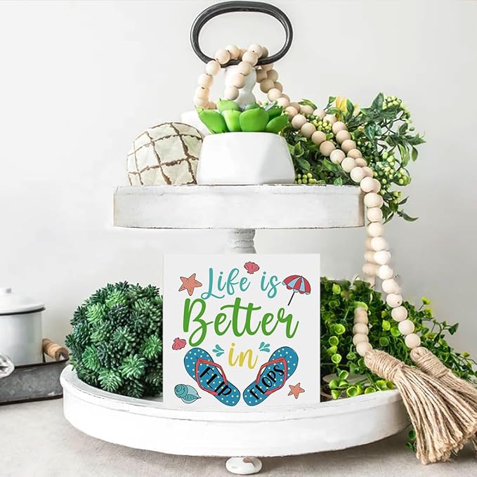 Summer Decor Beach Decorations Flip Flop Wooden Sign Rustic Home Decor 5 x 5 Inches