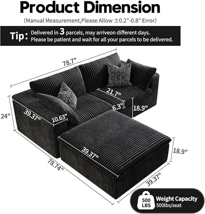 LoveSeat Cloud Couch Modular Sectional Sofa for Living Room,Modern Sofa with Deep Seat,2 Seater Boneless Couch with Ottoman,Comfy Upholstered Couches for Apartment, Studio, Office,Bedroom,Black