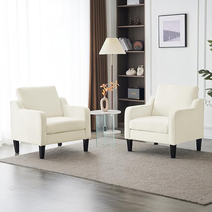 VINGLI Mid Century Modern Accent Chairs for Living Room, Cream White Comfy Reading Chair Soft Chenille Sofa Chairs Upholstered Side Armchair for Living Room, Bedroom, Apartment