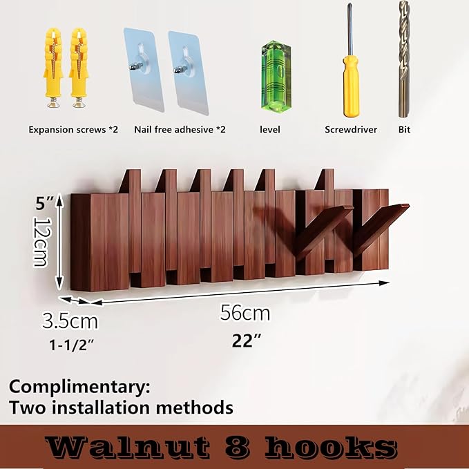 Wall Mounted Piano Key Hanger | Flip Style Hook | Entrance Wall Art Hook, Made of Oak Wood (3 Times Painted, 4 Times Polished) (Walnut, 8Hooks)