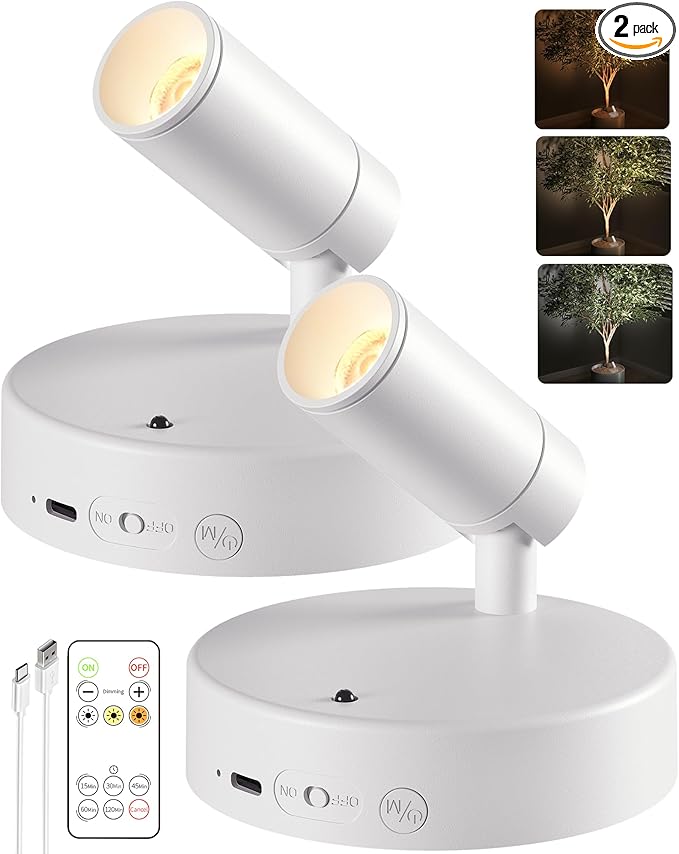 EZVALO Spot Lights Indoor,5500mAh Rechargeable Picture Lights with Remote,Wireless Mini Art Accent Spot Lights with Timer&Dimmable, 3CCT, Uplights Indoor for Plants,Display,Artwork(2Pack-White)