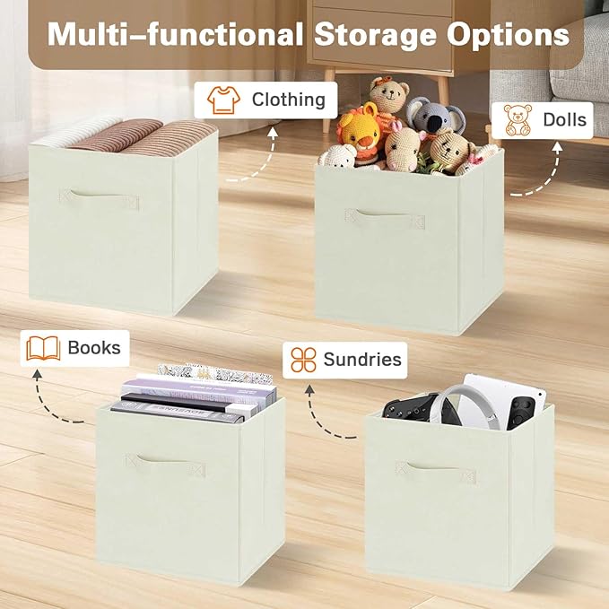 GhvyenntteS Storage Cubes, 11 Inch Cube Storage Bins with Dual Handles, Collapsible Fabric Storage Bins for Shelves Closet, Storage Baskets for Organizing Clothes, Bedding, Toys, Books (6 Pack, Beige)