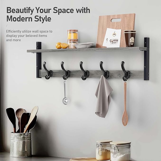 Tatub 29" Rustic Coat Rack Wall Mount with Shelf, Entryway Wall Hooks with Shelf and 5 Metal Hooks, Coat Hangers for Bathroom, Living Room, Bedroom, Kitchen, Grey