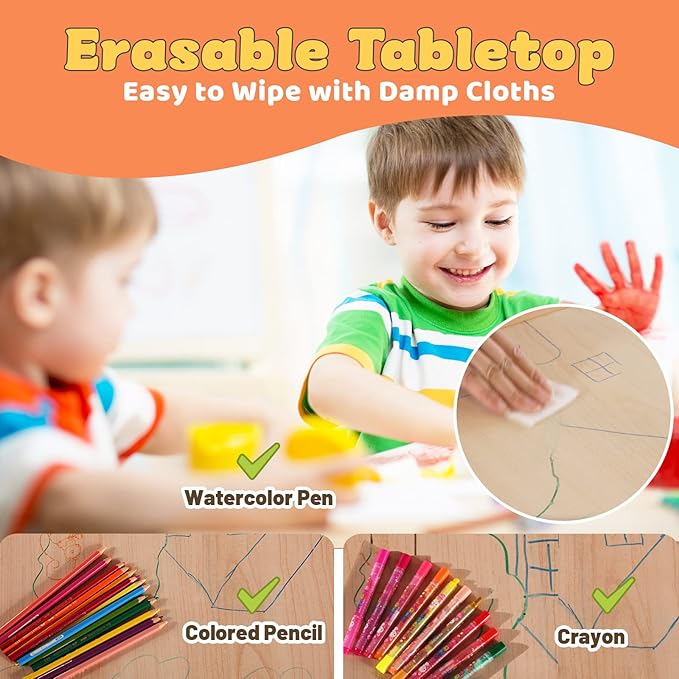 FUNLIO Kids Table and 4 Chairs Set, Height Adjustable Toddler Table and Chair Set for Ages 3-8, Easy to Wipe Arts & Crafts Table, for Classrooms/Daycares/Homes, CPC & CE Approved(5-Piece Set)