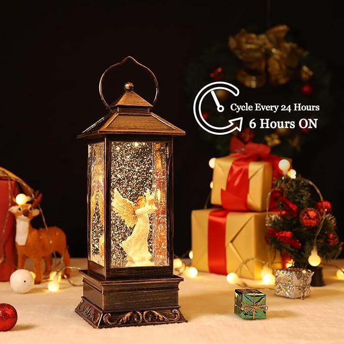 Christmas Decorations Snow Globe Lantern,Christmas Lantern with 8 Christmas Theme Music,Christmas Snow Globe Gifts Water Glittering Swirling Christmas Home Decoration(Dove Angel)