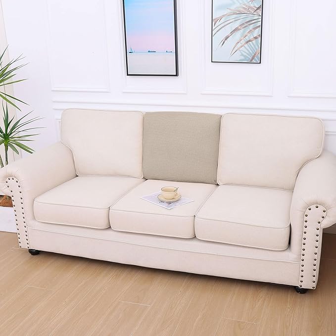 hyha Waterproof Couch Cushion Covers for Pets, Non Slip Sofa Seat Cover for Dogs Washable, Soft Thick Stretch Jacquard Fabric, Sofa Slipcovers with Elastic Bottom (1 Piece for Backrest M, Taupe)