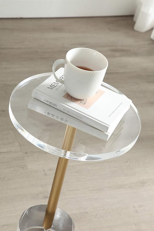 Clear Acrylic End Table,Side Table,Brushed Brass Metal,Round,for Office, Living Room and Bedroom,Easy Assembly,12x12 inch,21.3 inch high