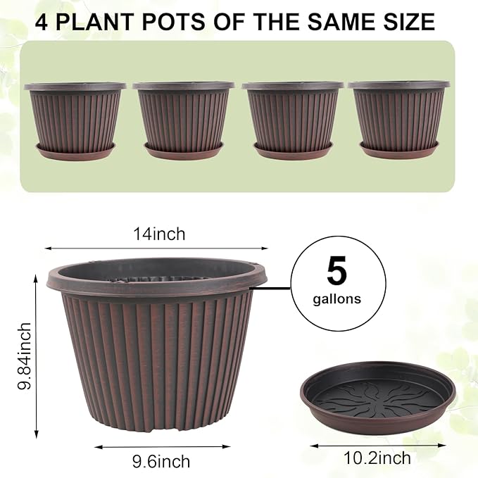 Large-Planter-Indoor-Outdoor Plant Pots, 14 inch 4 Pack Plastic Flower Pots with Saucer And Drainage Holes, Modern Garden Planters For Planting Medium Large Plants, Decorative Resin Garden Pots