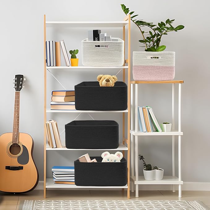 COMFY-HOMI Cotton Rope Woven Basket with Handles for Shelves,Toys,Book, Cloth Storage Baskets for Organizing-17" x 13" x 7.5" Toy Decorative Organizer for Living Room, Bathroom (all black)