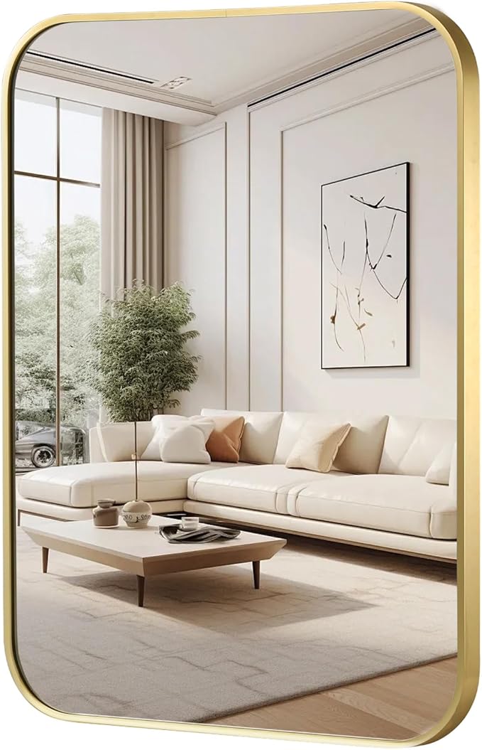 FARMER 16x20 Inch Gold Bathroom Mirror, Rectangle Vanity Mirror, Brushed Mirrors for Wall, Metal Frame Hanging Mirror with Round Corner for Bedrooms, Entryways, Living Rooms, Horizontal/Vertical