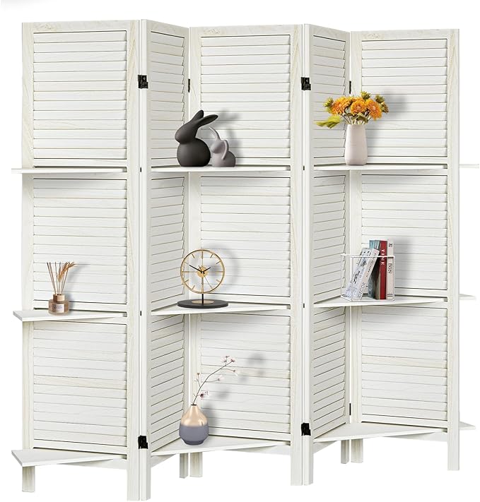 Room Divider with Shelves, Privacy Screen, Room Dividers and Folding Privacy Screens, 5 Panel Wood Temporary Wall Partition Separation Separator, White