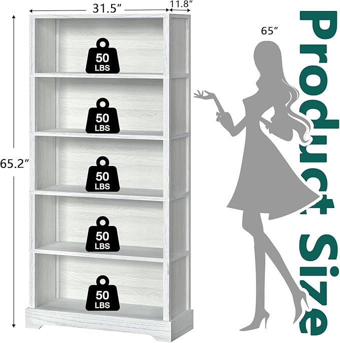 TVU 5-Shelf Wood Bookcase, 65 Inch Tall Bookshelf with Storage, Floor Standing Display Book Shelf,for Living Room Bedroom Study Office,Antique White