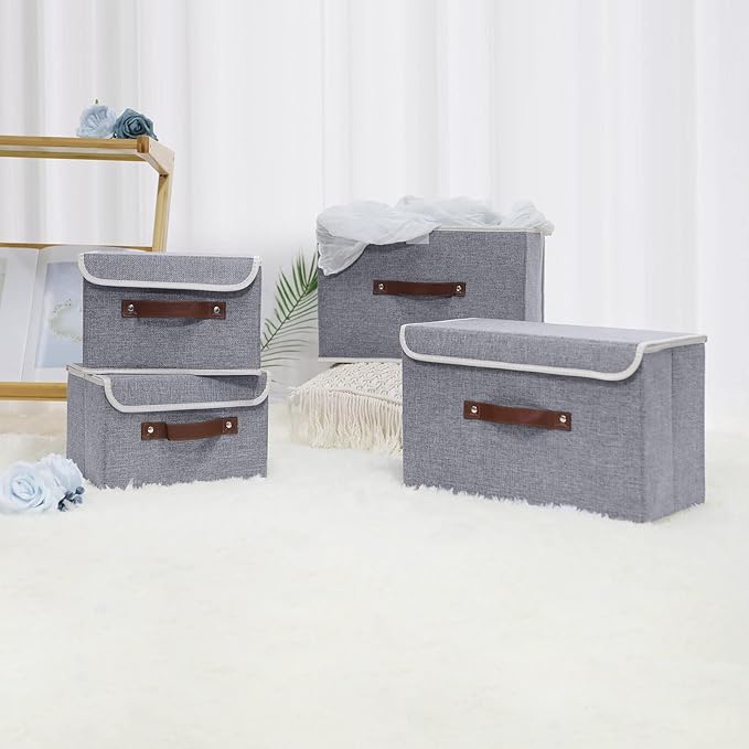ANMINY 2PCS Storage Bins with Lid PU Leather Handles Storage Boxes PP Plastic Board Decorative Foldable Lidded Cotton Linen Fabric Home Cubes Baskets Closet Organizer Containers - Gray, Large Size