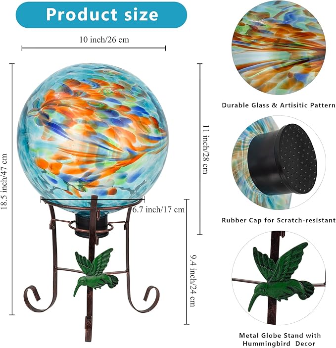 10 Inch Glass Gazing Ball, with 9.4" Tall Metal Gazing Globe Stand, Glass Balls Display Holder Set for Outdoor Garden Lawn Yard Decoration, Blue Artistic