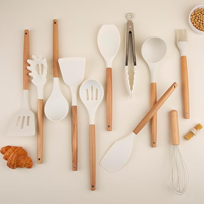 Silicone Cooking Utensils Set, Premium Beech Wood Handle Kitchen Gadgets Utensil Set, Non-Stick Kitchen Utensils Spatula, Tongs, Turner, Whisk, Brush, Spoon, BPA FREE, 446°F Resistant (White)