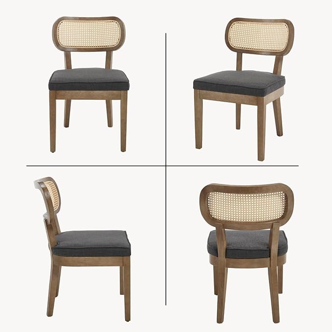 Rattan Dining Chairs Set of 4, Upholstered Linen Dining Room Chair with Cane Backrest Wooden Farmhouse Kitchen Chairs Armless Side Chair for Dining Room/Restaurant, Black