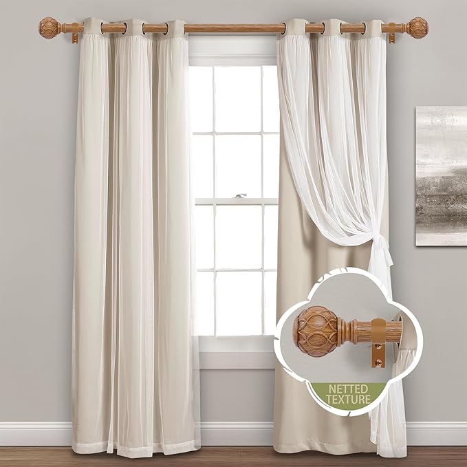 Wood Curtain Rods for Windows 28 to 48 Inch(2.3-4Ft),1 Inch Adjustable Curtain Rod,Heavy Duty Curtain Rods,Wooden Netted Texture Finial Drapery Rods,Single Window Curtain Rod 18-45",Brown Wood