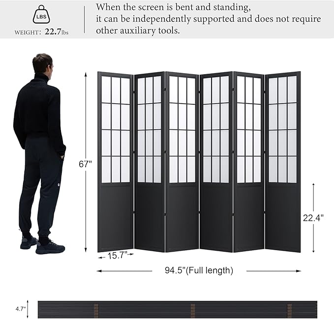 Room Divider, 66.9Inch Tall Japanese Shoji Style Folding Wood Screen with Double Hinges for Home Office Bedroom Hotel Decoration (6Panels, Black)