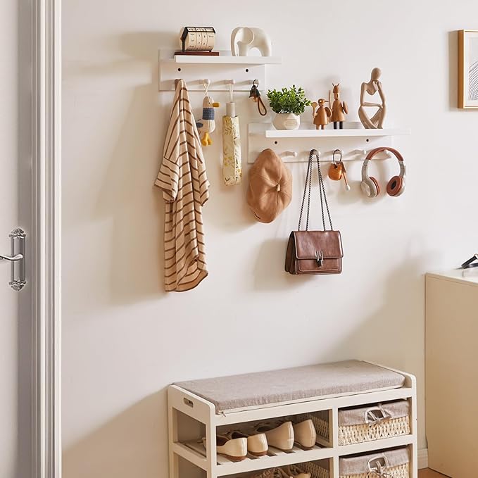 Wood Coat Hook with Wall-Mounted Shelf,15.75in Entryway Wall Hanging Shelf,for Bathroom, Kitchen,Coat Towel Key Organizer White YD-WS0240W