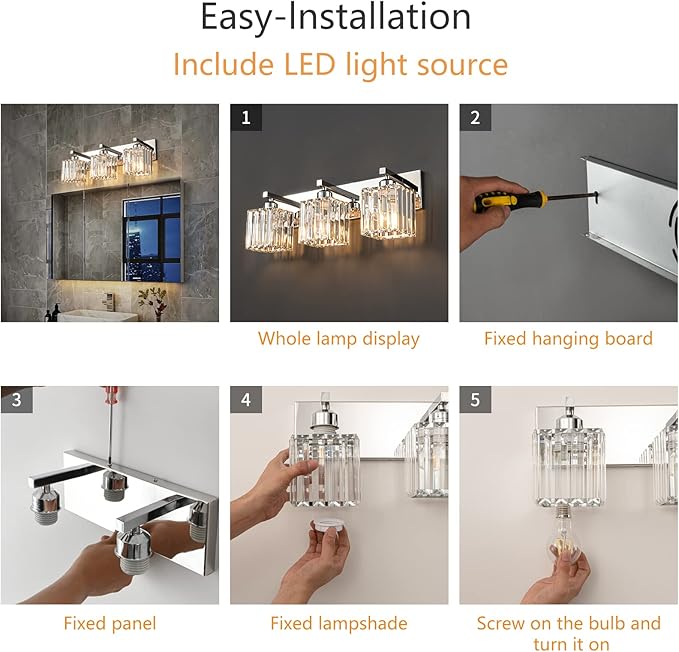 Modern Bathroom Vanity Light 3-Lights Chrome Crystal Bathroom Wall Light Vanity Light Fixtures,20.47-inch Modern Minimalist Design