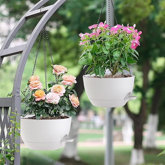 12 Inch Hanging Baskets 2 PC with Chains, Self-Watering Hanging Planters for Indoor Outdoor Plants, Plastic Hanging Flower Pots,White