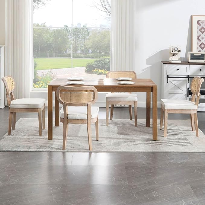 Farmhouse Rattan Dining Chairs Set of 4 Solid Wood Kitchen Chair with Cane Back French Country Upholstered Accent Chair Rustic Armless Side Chairs for Dining/Living Room/Restaurant, Beige