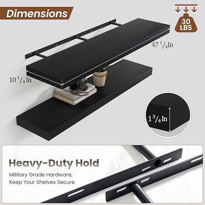 Heimlove 48" Black Floating Shelves for Wall,10 Deep Rustic Wood Display & Storage Wall Shelves with Heavy Duty Brackets for Bathroom,Bedroom,Kitchen,Living Room,Office,Set of 2