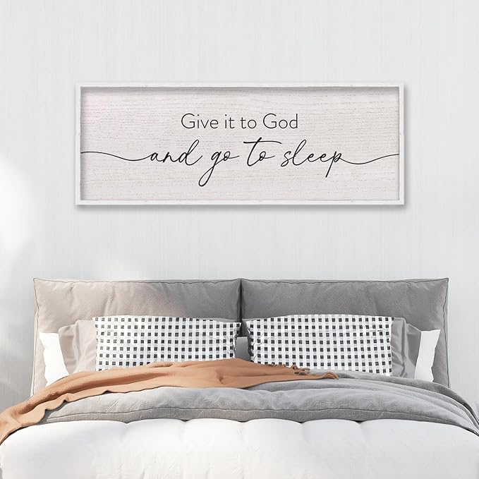 LuZhiQiang Give It To God And Go To Sleep Sign Above Over Bed Wall Decor Art 40"X15" for Master Bedroom Large Wood Framed Hanging (White)