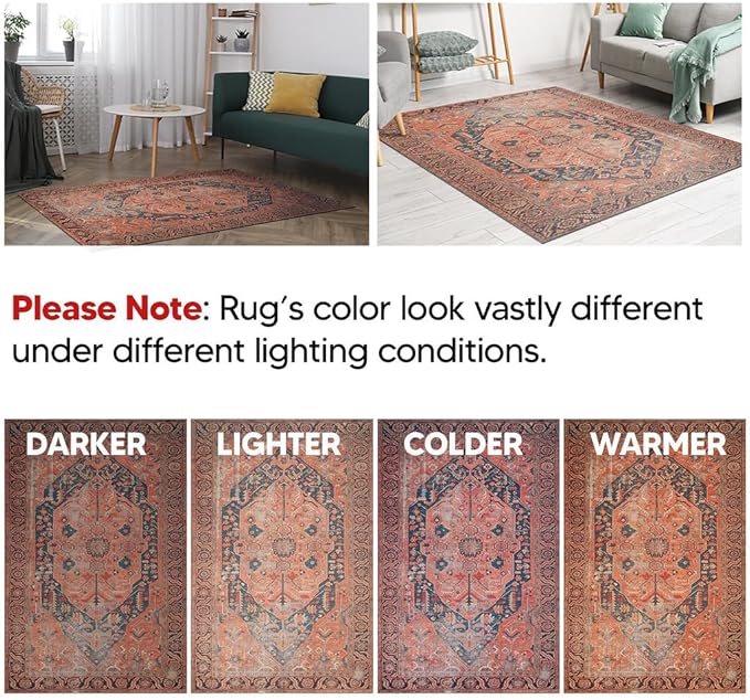 Keen Home Design 6x9 Rug - Machine Washable Area Rug with Non-Slip Backing, Ideal for Living Room, Dining Room, Bedroom - Vintage, Easy Clean, Durable, Low Pile Rug - (6' x 9')