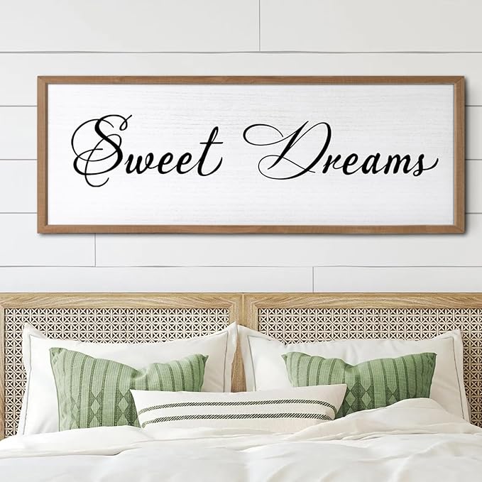Sweet Dreams Wall Decor Above Bed 40x15 Inch Large Master Bedroom Hanging Wood Rustic Framed Farmhouse Sweet Dreams Sign Guest Room Aesthetic And Minimalist Over Bed Wall Art(Wood White)