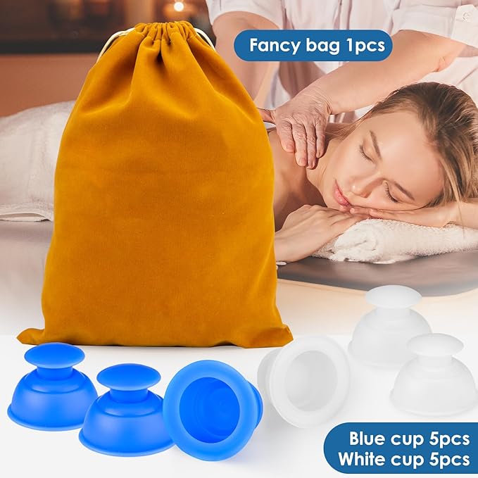 Silicone Cupping Therapy Sets 10pcs,Professional Vacuum Cupping for Myofascial Massage/Joint Pain/Anti Cellulite/Deep Muscle Relief & More(10pcs,White+Blue)