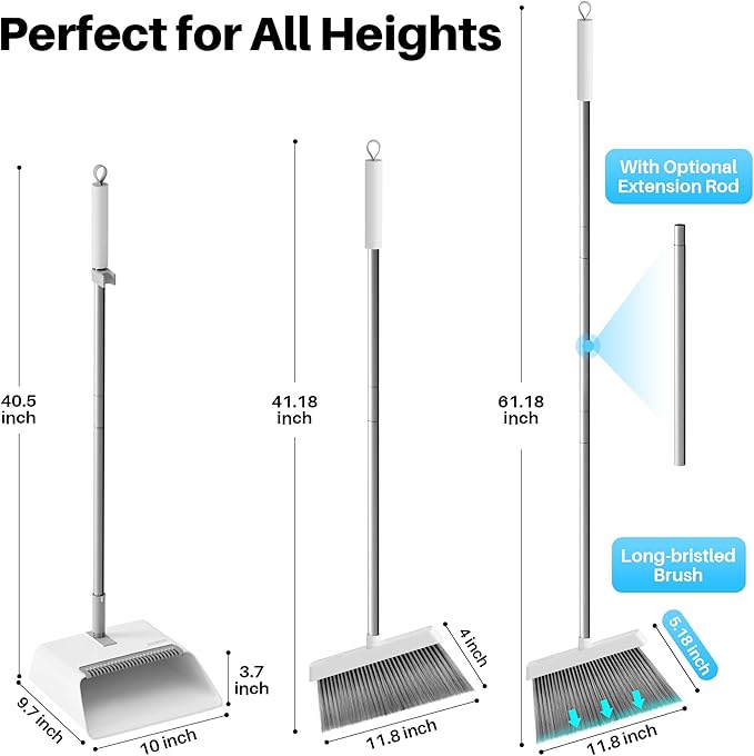 JOYMOOP White Broom and Dustpan Set, Upright Angle Design with Built-in Comb Teeth for Kitchen, Office, Pet Hair, Hard Floors