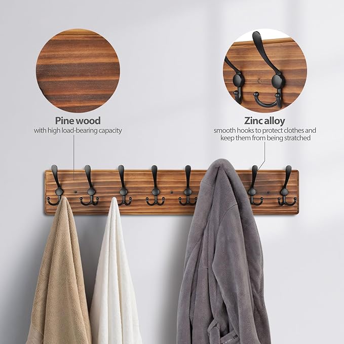 Coat Rack Wall Mount, Wooden Heavy Duty Coat Rack for Wall,8 Triple Coat Hanger Hooks for Hanging Coats,Jacket,Hat,Clothes (Brown, 8 Hooks)