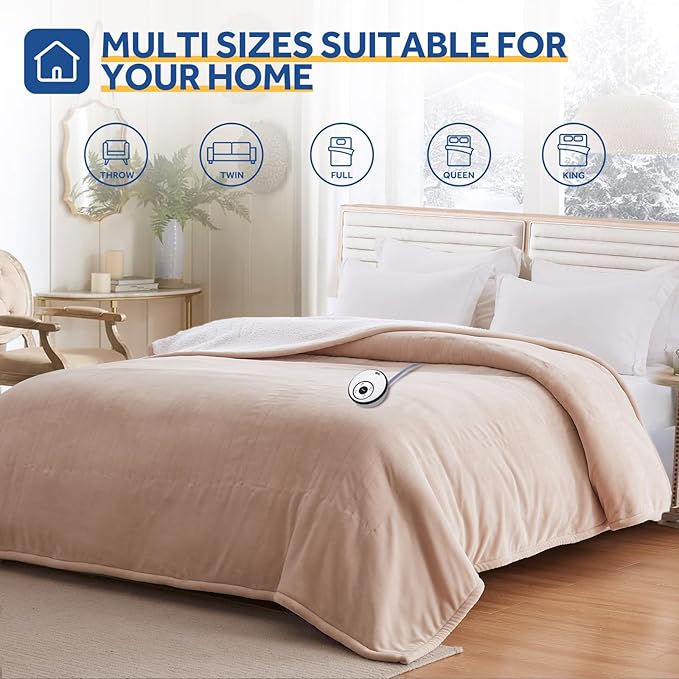 Sealy Electric Blanket Twin Size 62"*84",Super Cozy Flannel to Sherpa Reversible Heated Twin Blanket with 10 Heating Levels & 1-12 Hours Auto Off Overheating Protection Machine Washable, Beige