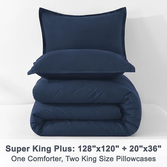 Litanika Navy Blue Oversized King Comforter Set Super King Plus Size, 3 Pieces Lightweight Solid Bedding Comforter Set, All Season Fluffy Bed Set (128x120In Comforter & 2 Pillowcases)