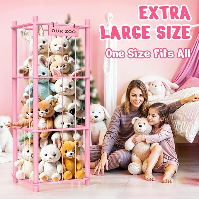 Stuffed Animal Storage & Organizer, Wooden Cute Zoo Toy Holder for Toddler Rooms, Playrooms & Bedrooms(Pink)