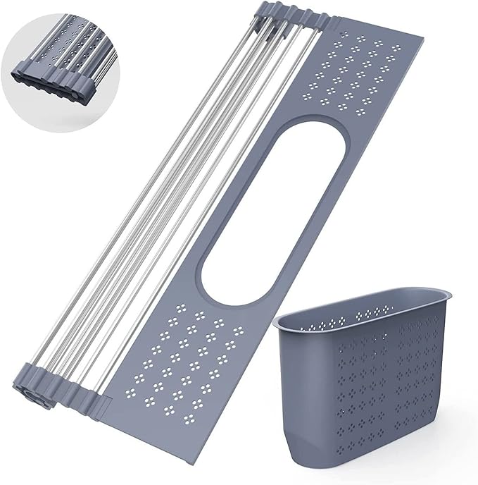 LEMIKKLE Roll Up Dish Drying Rack 17.5" x 15.2" Over The Sink Dish Drying Rack, Multi-Purpose Kitchen Rolling Dish Drainer Foldable SUS 304 Stainless Steel Dish Drying Rack