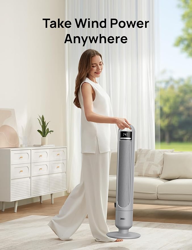 Dreo Tower Fan for Bedroom, 90Β° Oscillating Fan, Standing Fan with 3 Modes, 4 Speeds, 8H Timer Cooling Fans for Home, Living Room, Office, Grey, TF117