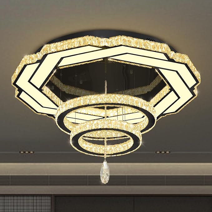 Flashing God Large Chandelier Dia 40" Black Crystal Chandelier Flush Mount Ceiling Light for Bedroom Living Room Dining Room Hallway Dimmable 3 Rings LED Celing Lighting Fixtures