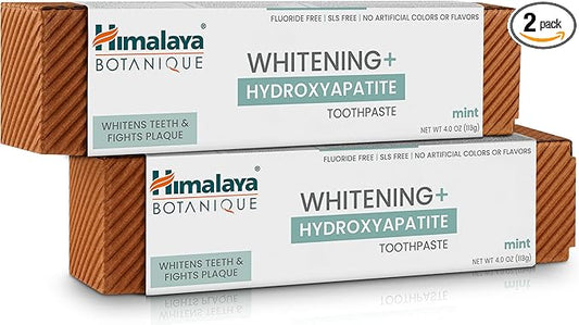 Himalaya Botanique Whitening + Hydroxyapatite Toothpaste for Whiter Teeth & Fresher Breath, Fights Plaque with Hydroxyapatite Support & Mint Flavor, Fluoride Free, SLS Free, & Vegan, 4.0 oz, 2 Pack