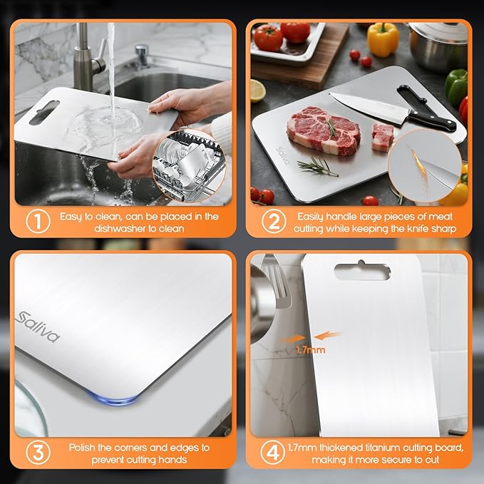 Saliva Titanium Cutting Boards for Kitchen, Cutting Board Double Sided Food Grade, Dishwasher Safe, No Blunt Knife, Chopping Boards with Handle for Meat, Fruit & Vegetable (16x12in)