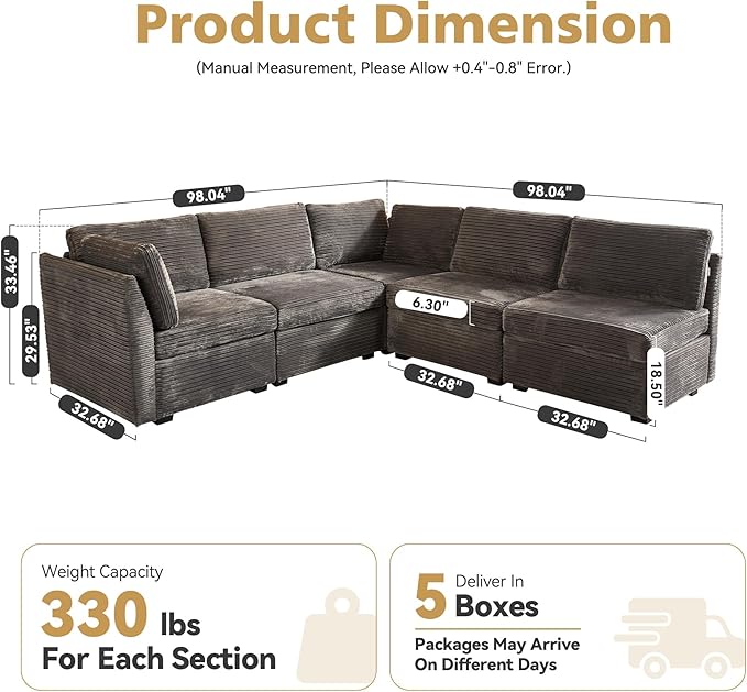Modular Sectional Sofa with Chaise U Shaped Sectional Couch for Living Room, 5-Seater Comfy Cloud Couches, Plush Corduroy, Gray