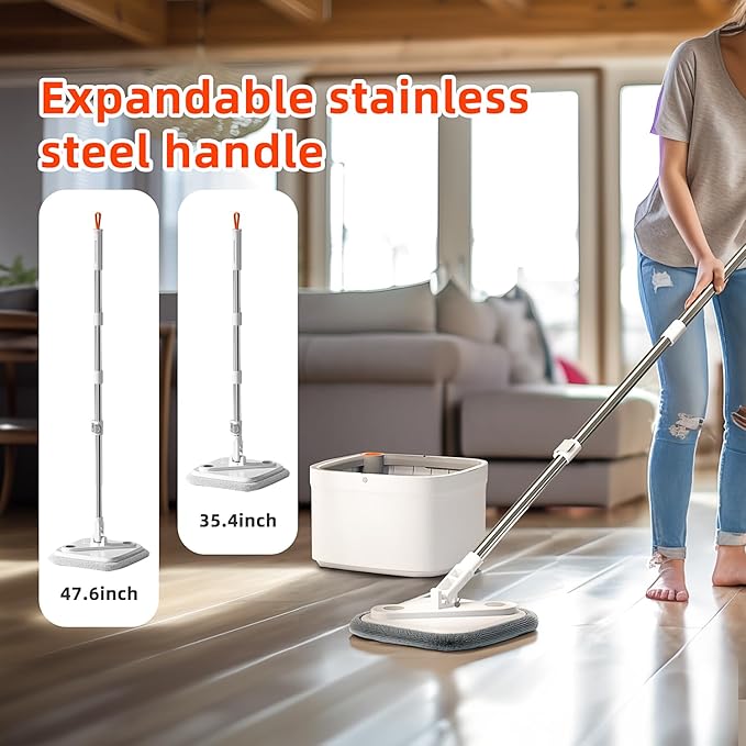 KZKR Spin Mop and Bucket Set with Self Separation Dirty and Clean Water System, Self Wringing 360° Rotating Square Mop Head for Home Floors Cleaning (1.0 Mop and Bucket Set (8 Pads))