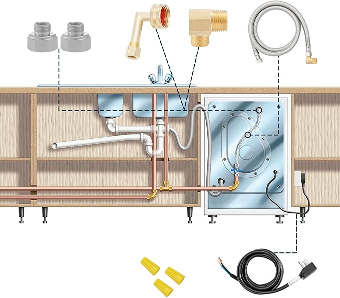 Solimeta Universal Dishwasher Installation Kit with 4 ft Stainless Steel Hose and Power Cord