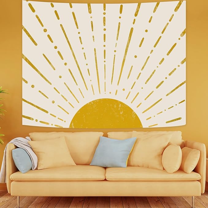Kanuyee Gold Boho Burning Sun Tapestry Wall Hanging, Retro 70s Abstract Vintage Geometric Line Sunrise Tapestries for Bedroom Living Room Backdrop 44×60 inch