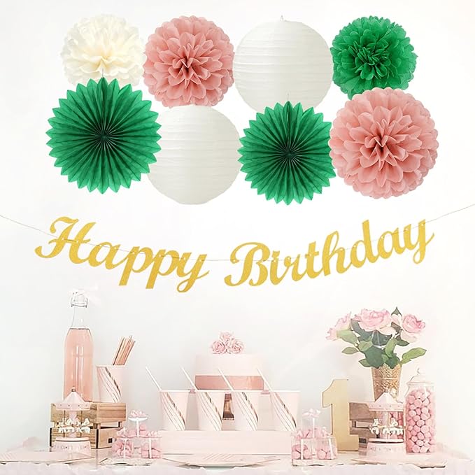 Sage-Green Pink Birthday Party-Decorations Paper-Flowers - 14pcs Happy Banner Spring Lanterns Tissue Pom Poms,Boho Streamers Garland Fans,Neutral Rustic Garden Office Hanging Supplies Decor Hugfond